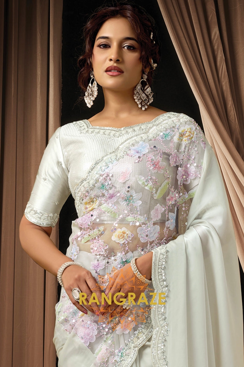 Mint Green Premium Satin Silk Floral Embroidered Saree