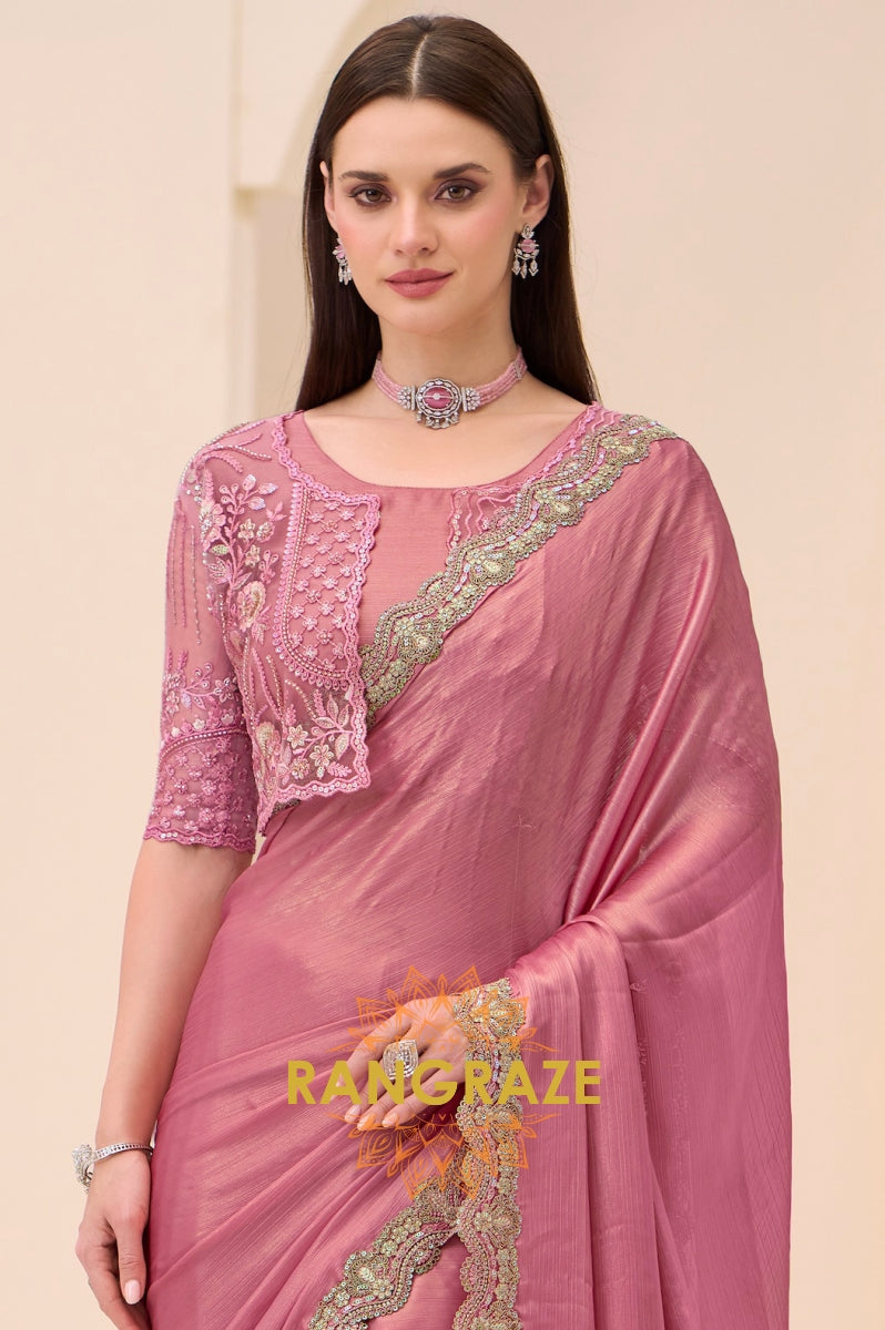 Teal Green Tissue Silk Embroidered Saree with Designer Blouse