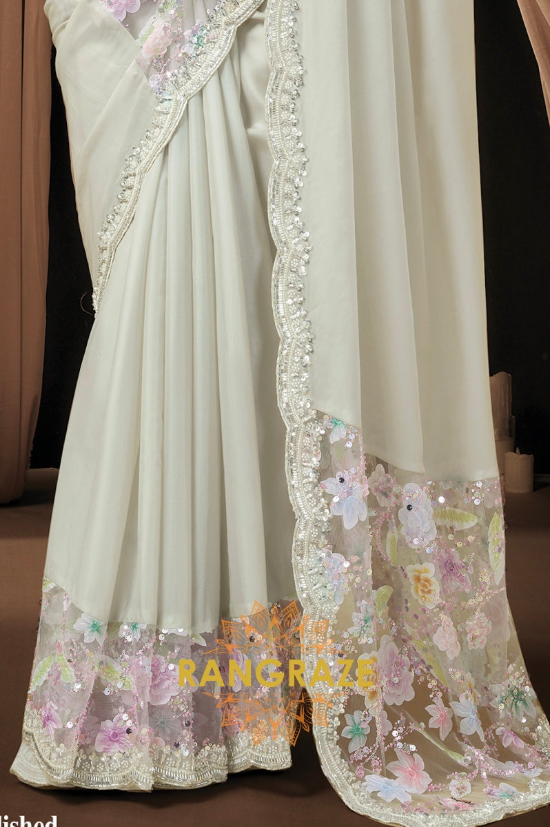 Mint Green Premium Satin Silk Floral Embroidered Saree