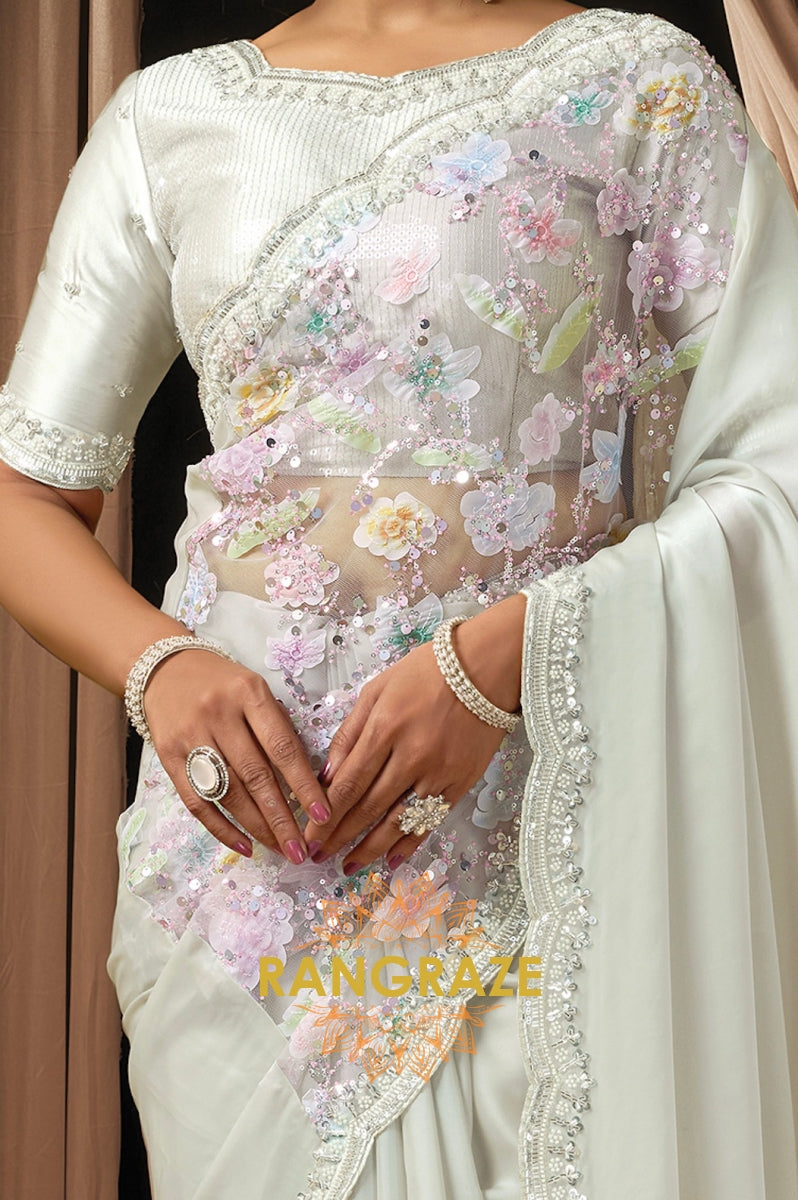 Mint Green Premium Satin Silk Floral Embroidered Saree