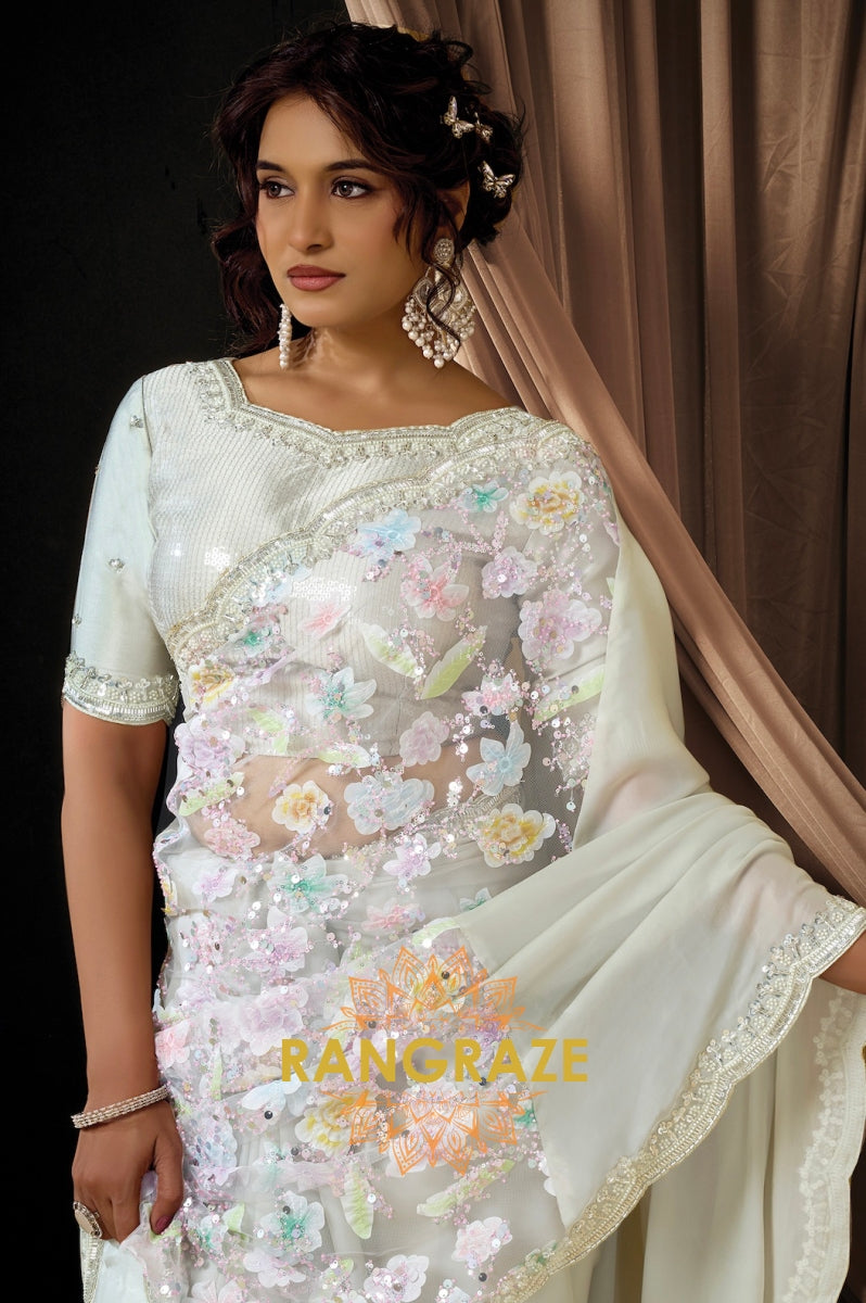 Mint Green Premium Satin Silk Floral Embroidered Saree