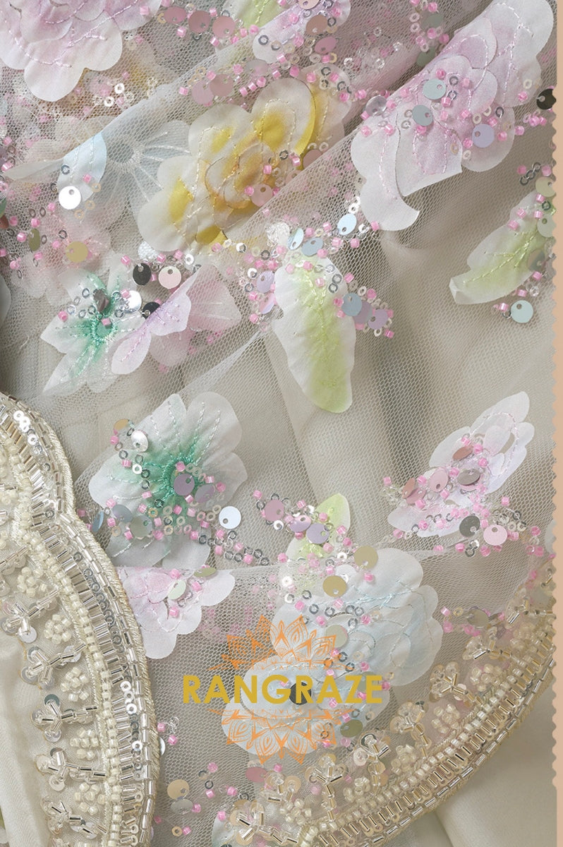 Mint Green Premium Satin Silk Floral Embroidered Saree