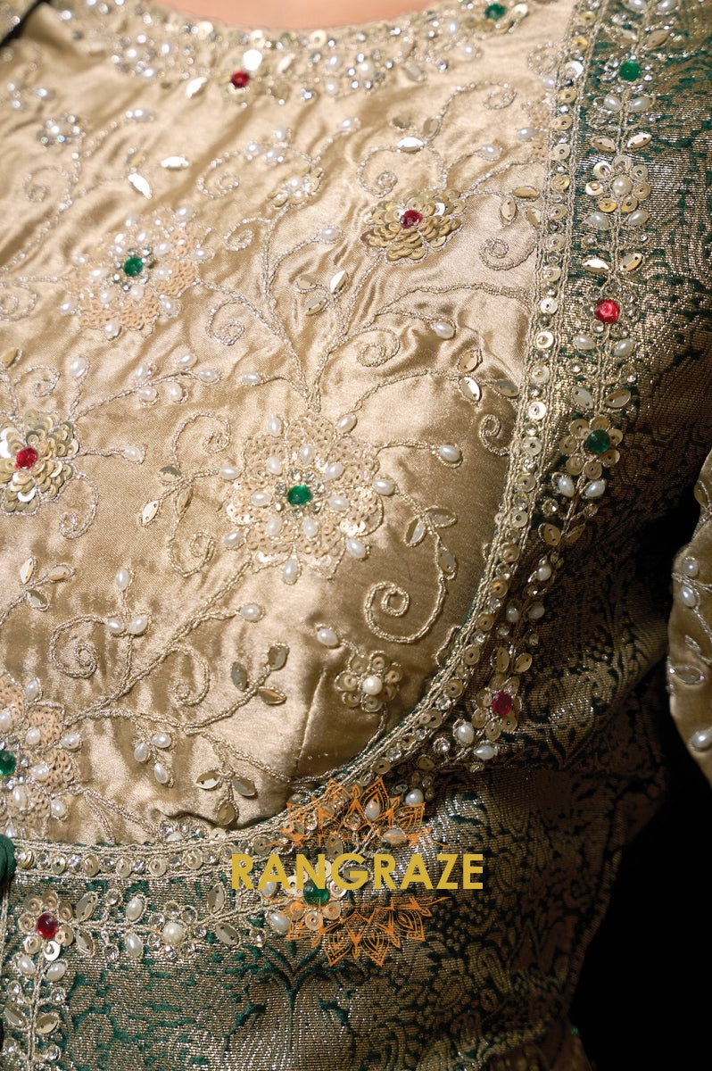Champagne Zari Organza Satin Embroidered Saree with Rajwadi Koti Blouse