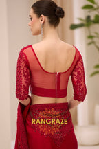 Elegant Red Satin Chiffon Embroidery Saree with Designer Blouse