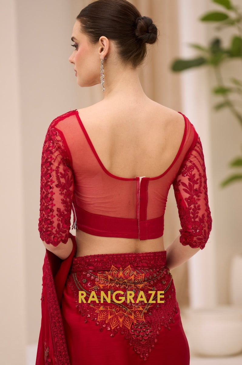Elegant Red Satin Chiffon Embroidery Saree with Designer Blouse