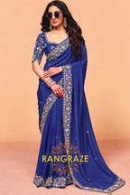 Royal Blue Premium Satin Embroidered Saree with Contrast Blouse