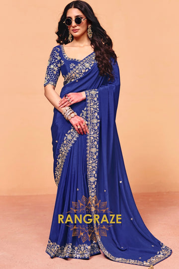 Royal Blue Premium Satin Embroidered Saree with Contrast Blouse