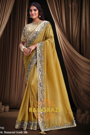 Mustard Gold Premium Banarasi Crush Silk Embroidered Saree