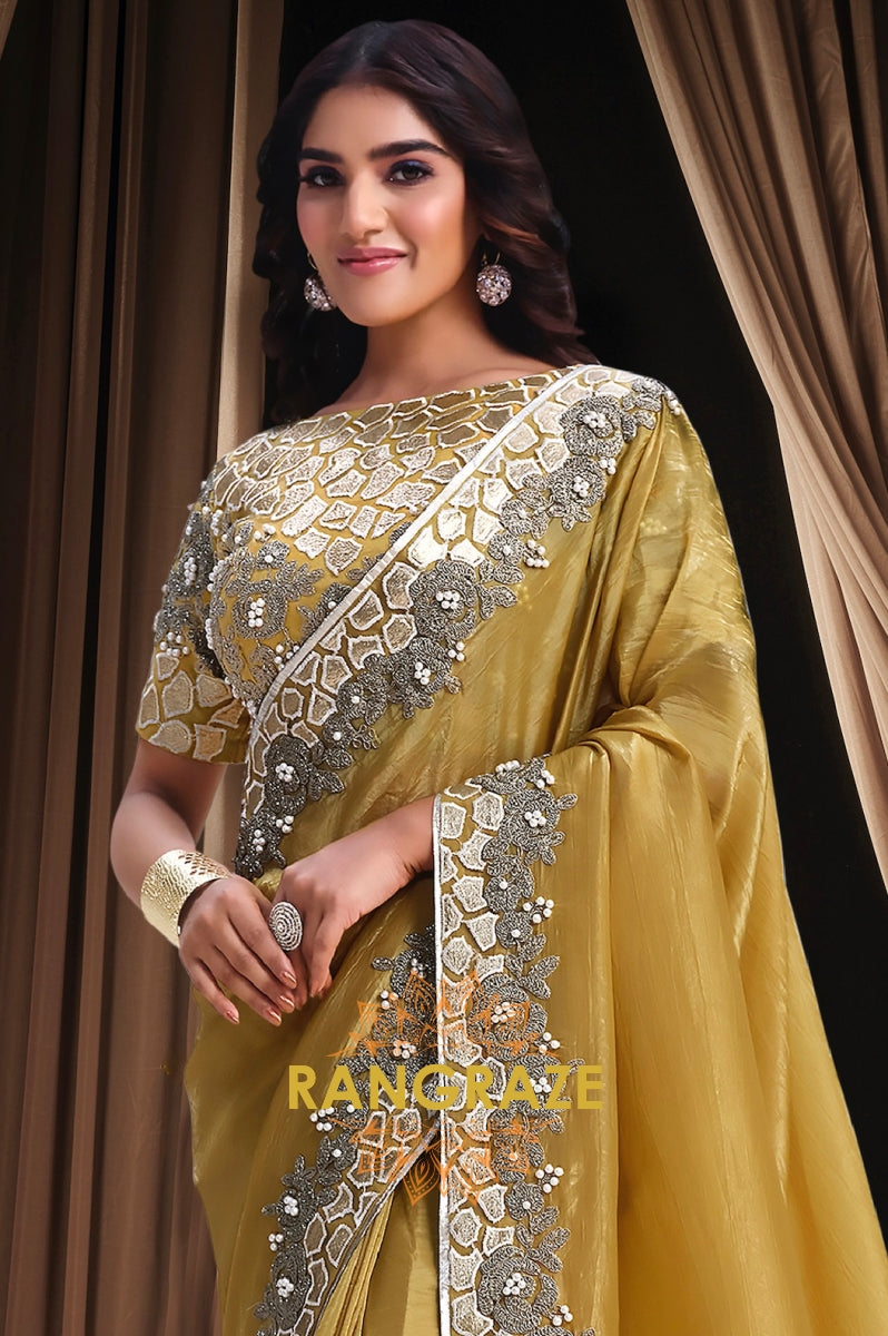Mustard Gold Premium Banarasi Crush Silk Embroidered Saree