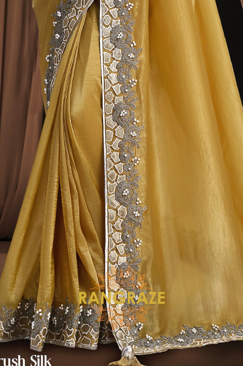 Mustard Gold Premium Banarasi Crush Silk Embroidered Saree