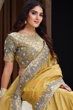 Mustard Gold Premium Banarasi Crush Silk Embroidered Saree