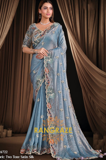 Powder Blue Two Tone Satin Silk Embroidered Saree