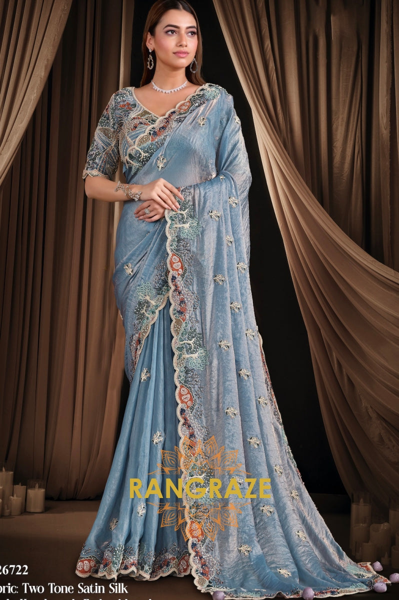 Powder Blue Two Tone Satin Silk Embroidered Saree
