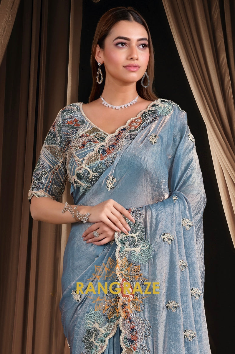 Powder Blue Two Tone Satin Silk Embroidered Saree