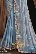 Powder Blue Two Tone Satin Silk Embroidered Saree