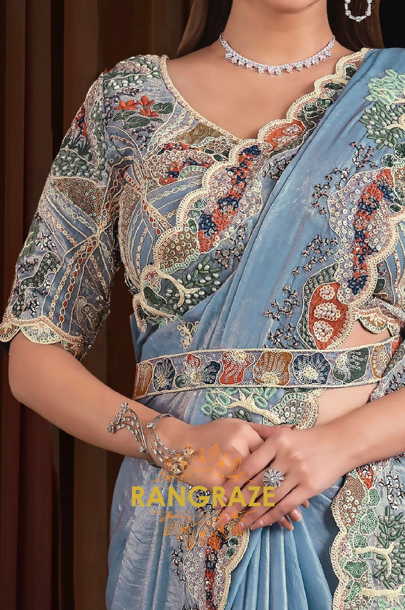 Powder Blue Two Tone Satin Silk Embroidered Saree