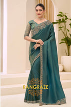 Teal Green Tissue Silk Embroidered Saree with Designer Blouse