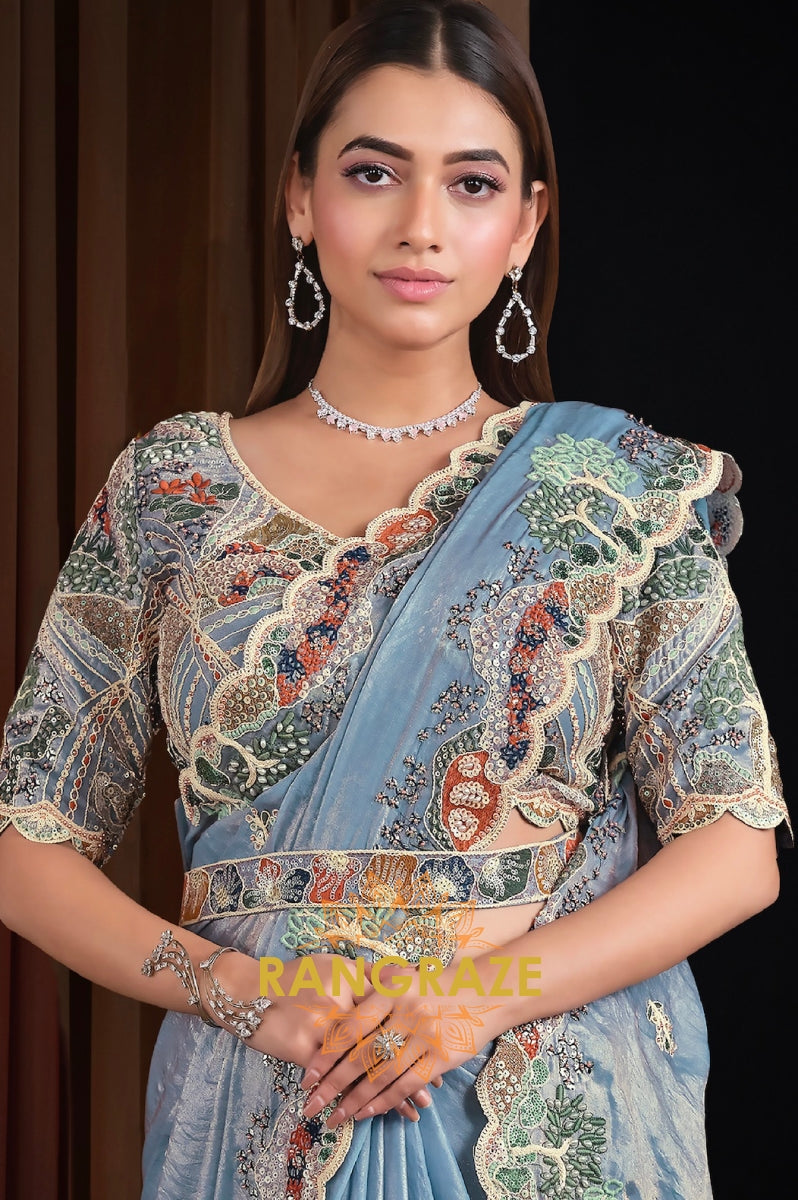 Powder Blue Two Tone Satin Silk Embroidered Saree