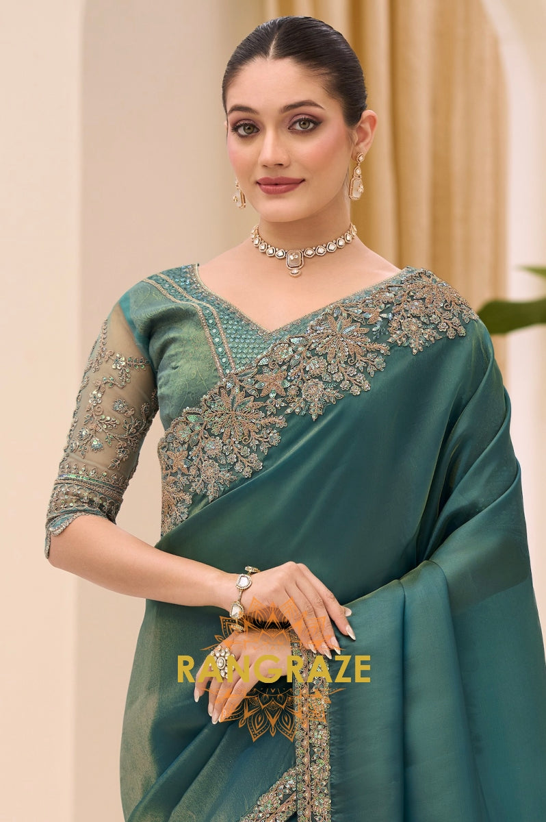 Teal Green Tissue Silk Embroidered Saree with Designer Blouse