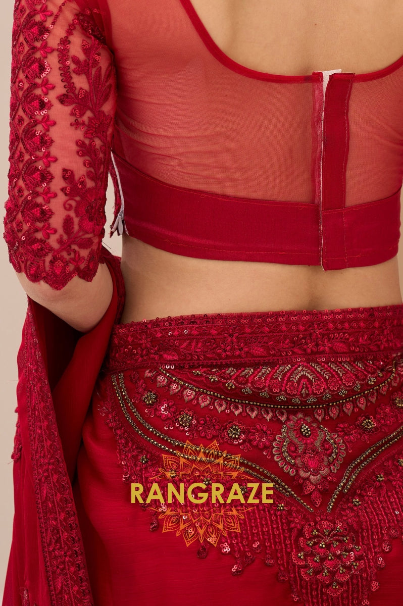Elegant Red Satin Chiffon Embroidery Saree with Designer Blouse
