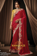 Red Satin Silk Multi-Thread Embroidered Saree with Designer Blouse