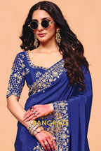 Royal Blue Premium Satin Embroidered Saree with Contrast Blouse