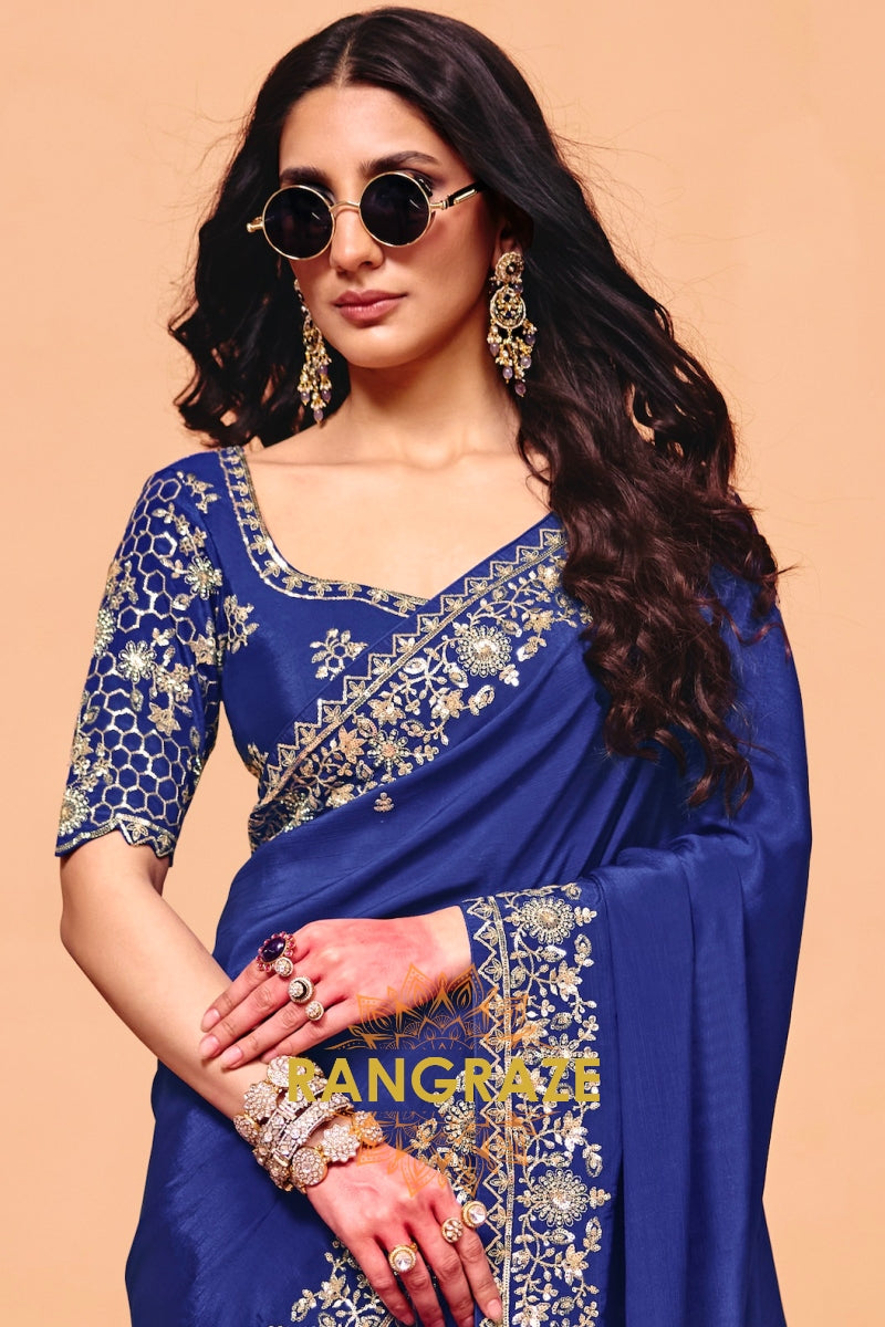 Royal Blue Premium Satin Embroidered Saree with Contrast Blouse