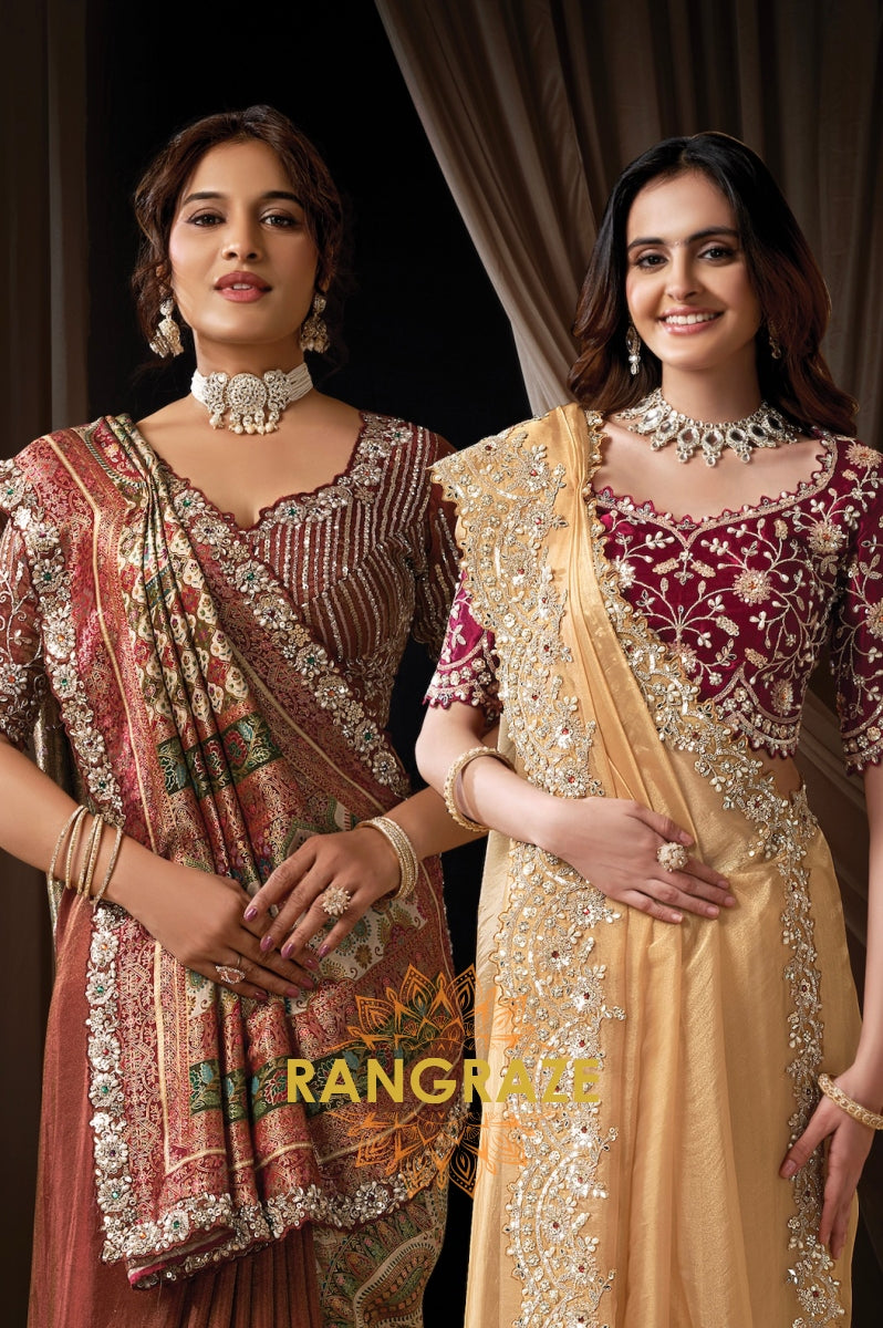 Gold Organza Tissue Sequins Embroidered Saree with Designer Blouse
