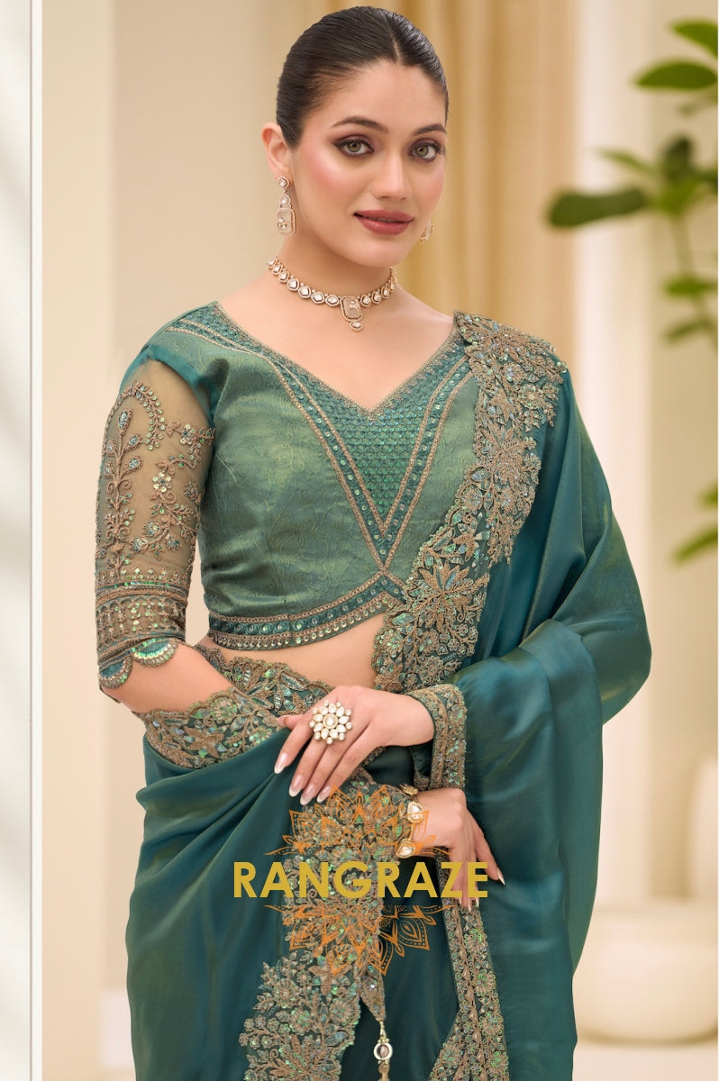 Teal Green Tissue Silk Embroidered Saree with Designer Blouse