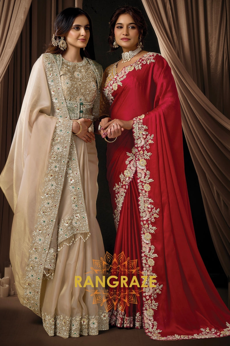 Champagne Zari Organza Satin Embroidered Saree with Rajwadi Koti Blouse