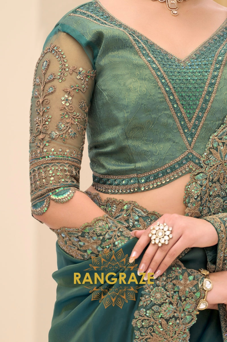 Teal Green Tissue Silk Embroidered Saree with Designer Blouse