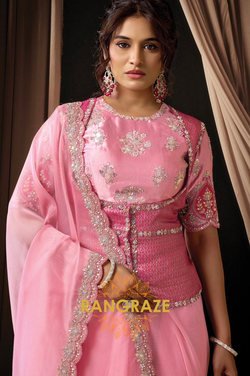Pink Tissue Organza Embroidered Saree with Rajwada Koti