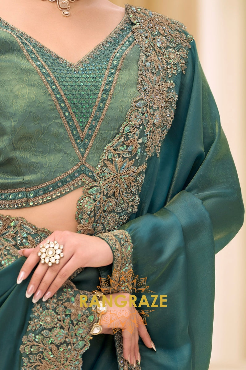 Teal Green Tissue Silk Embroidered Saree with Designer Blouse