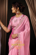 Pink Tissue Organza Embroidered Saree with Rajwada Koti