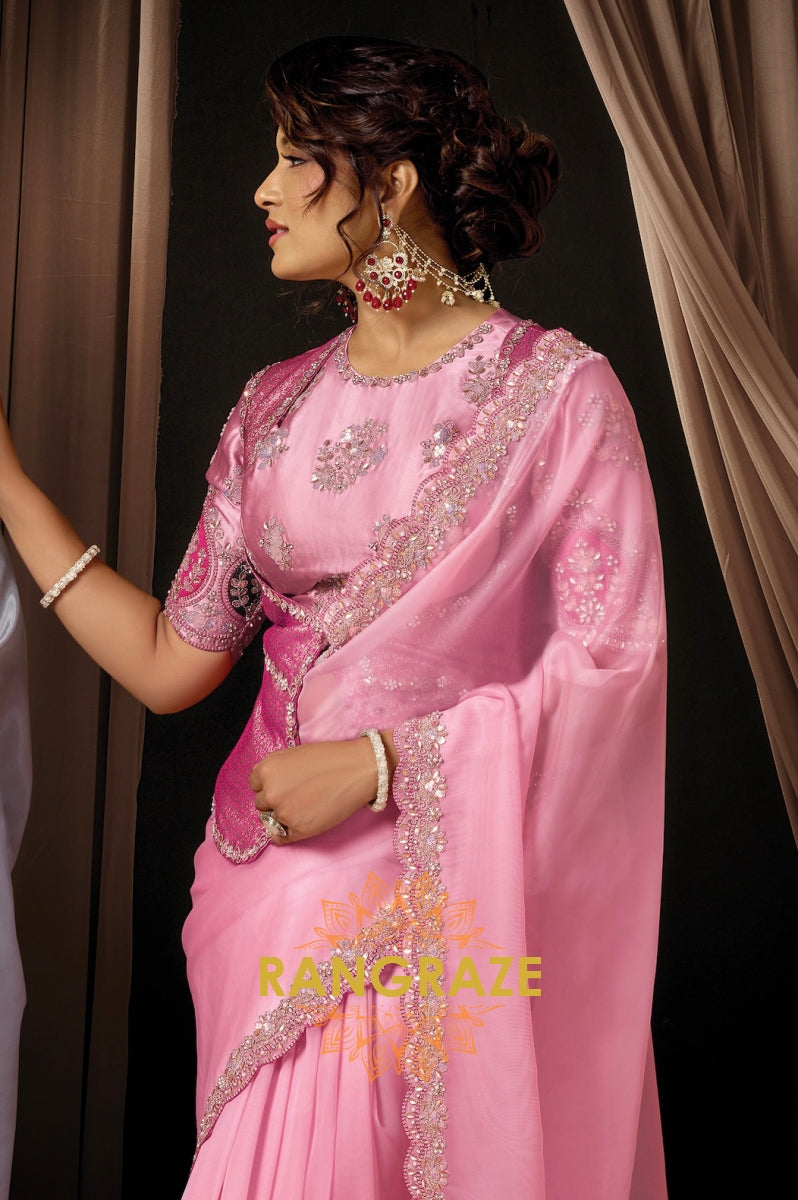 Pink Tissue Organza Embroidered Saree with Rajwada Koti