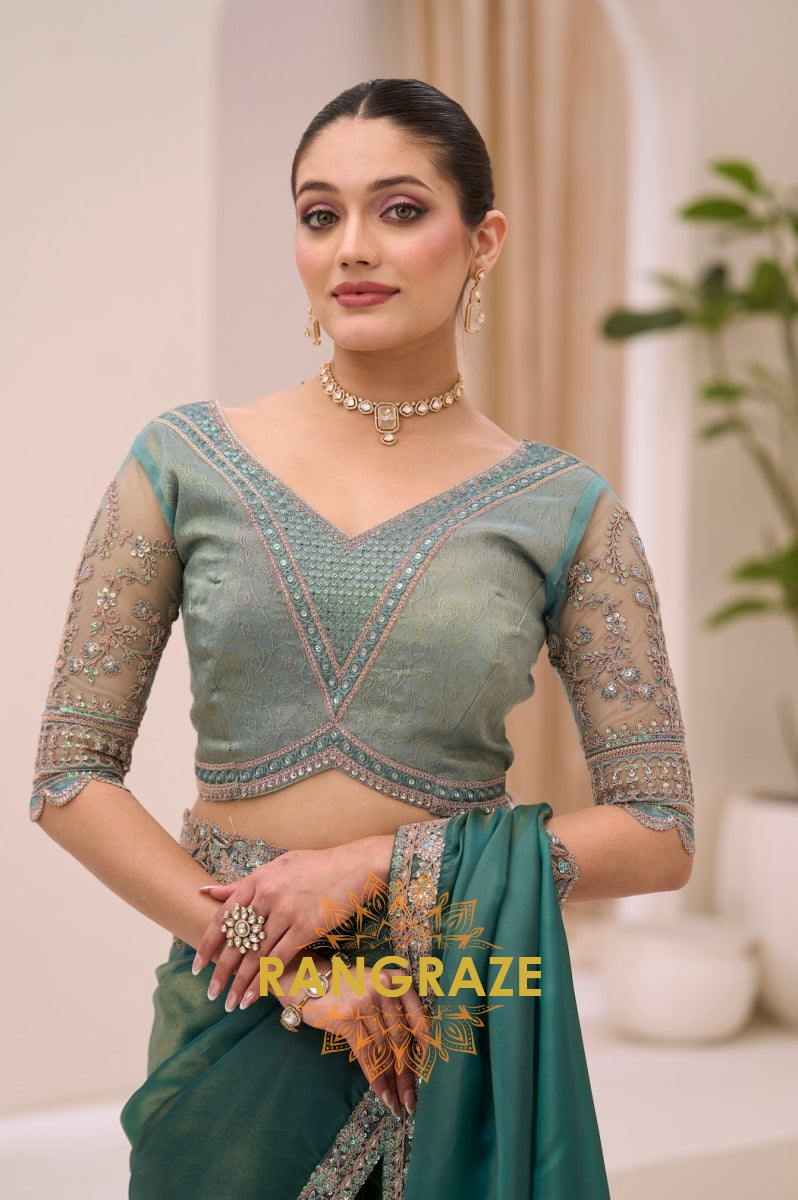 Teal Green Tissue Silk Embroidered Saree with Designer Blouse