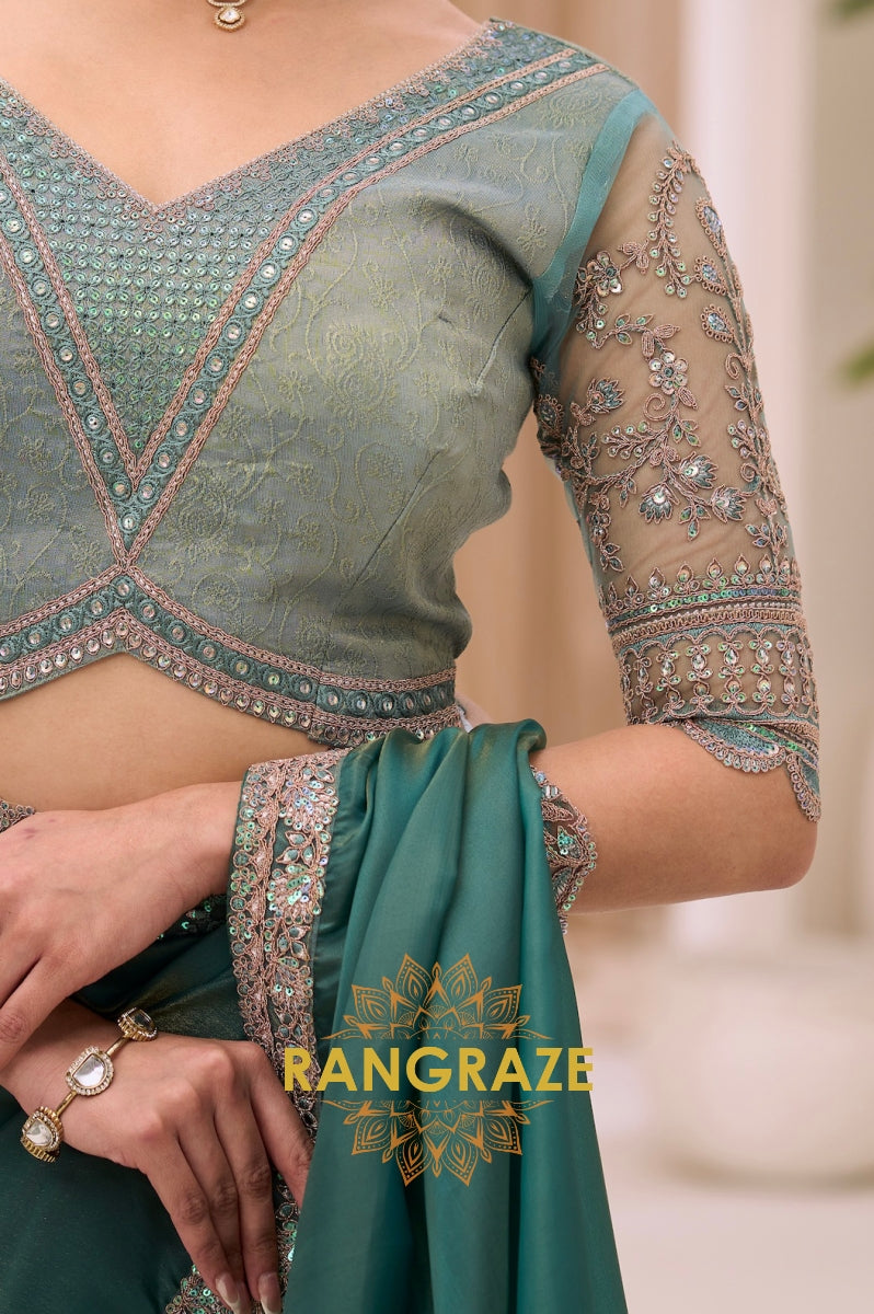 Teal Green Tissue Silk Embroidered Saree with Designer Blouse