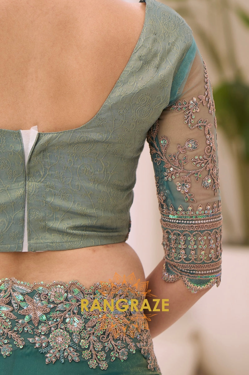 Teal Green Tissue Silk Embroidered Saree with Designer Blouse