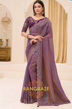 Dual Shade Premium Georgette Tissue Embroidered Saree with Designer Blouse – Purple