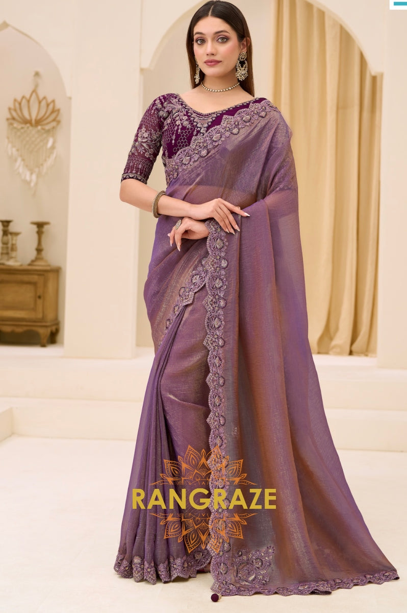Dual Shade Premium Georgette Tissue Embroidered Saree with Designer Blouse – Purple
