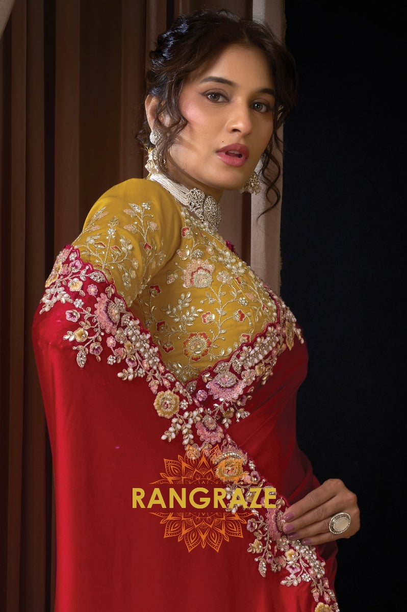 Red Satin Silk Multi-Thread Embroidered Saree with Designer Blouse