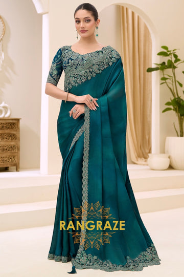 Teal Green Satin Chiffon Embroidery Saree with Designer Blouse