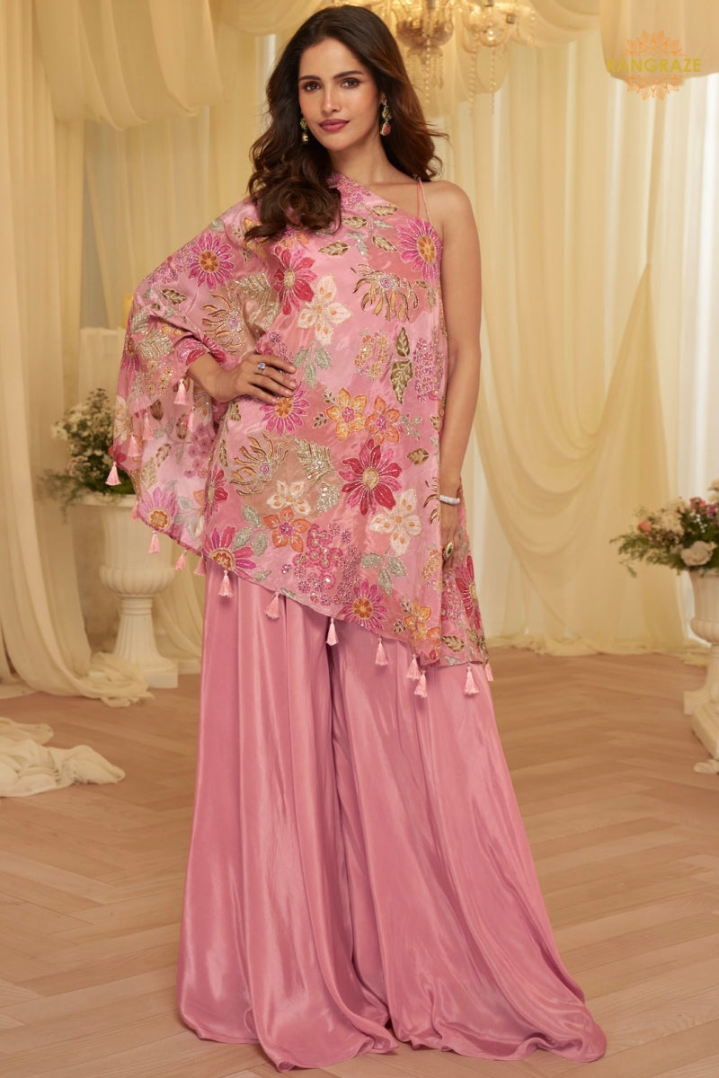 Blush Bloom Crepe Poncho Palazzo Suit Set