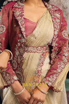 Beige Crystal Organza Satin One Minute Saree with Readymade Embroidered Jacket, Blouse & Belt