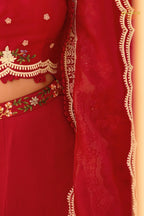 Crimson Red Floral Embroidered Shrug with Blouse and Palazzo Suit Set