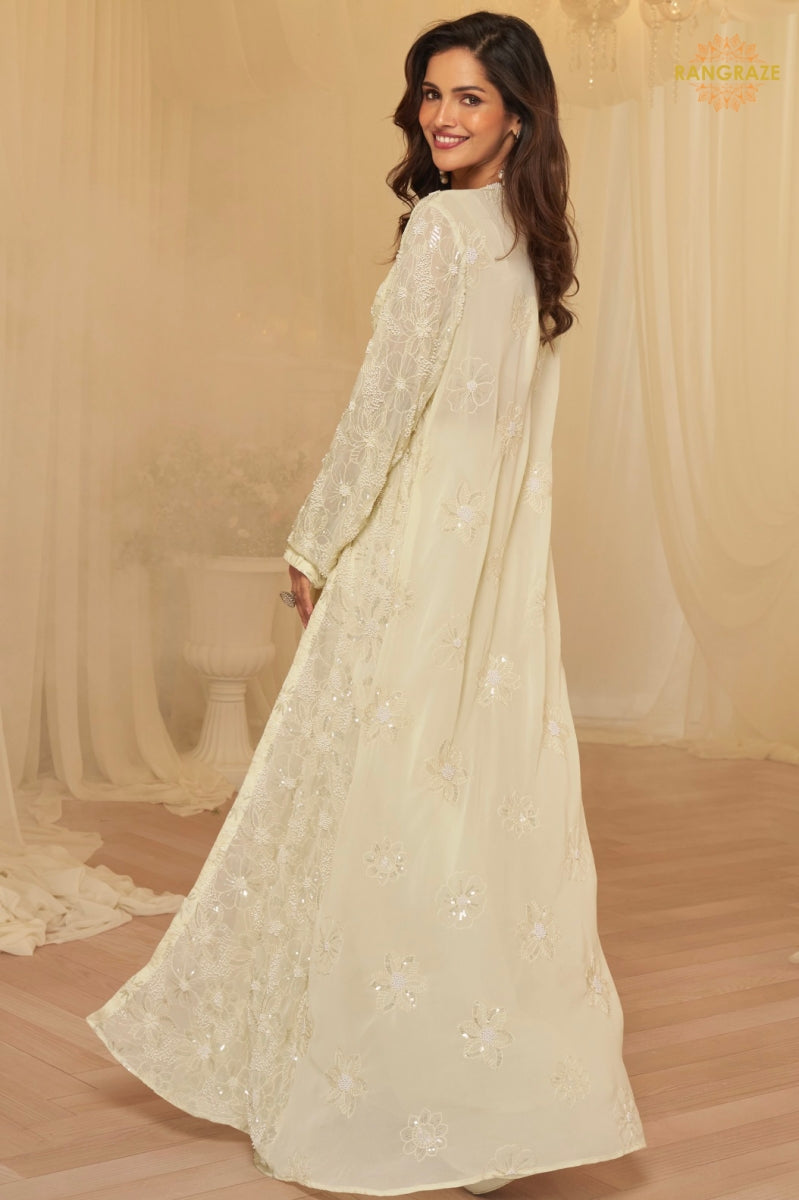 Ivory Zareen Georgette Jacket Croptop Skirt Suit Set