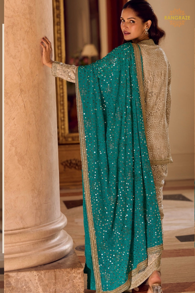 Beige Gold Sequined Georgette Dhoti Pant Set with Turquoise Dupatta
