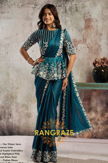 Teal Lustrous Satin One Minute Saree with Readymade Embroidered Designer Peplum Blouse