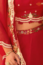 Crimson Red Floral Embroidered Shrug with Blouse and Palazzo Suit Set