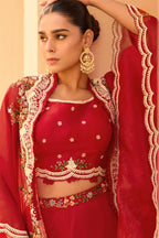 Crimson Red Floral Embroidered Shrug with Blouse and Palazzo Suit Set